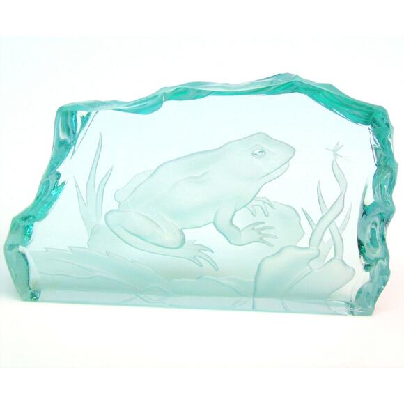 Etched Art Glass Frog & Bug Pond Artist Signed Scrivner Plaque Paperweight Decor - Picture 9 of 9